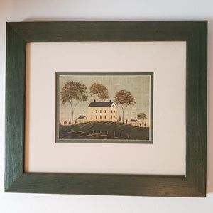 Houses on Hill Unsigned Print Matted Wood Framed